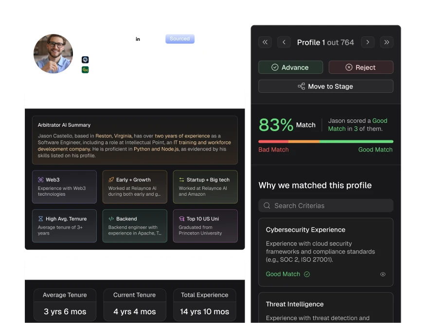 Arbi structured candidate profile with highlights, experience, and 83% match score